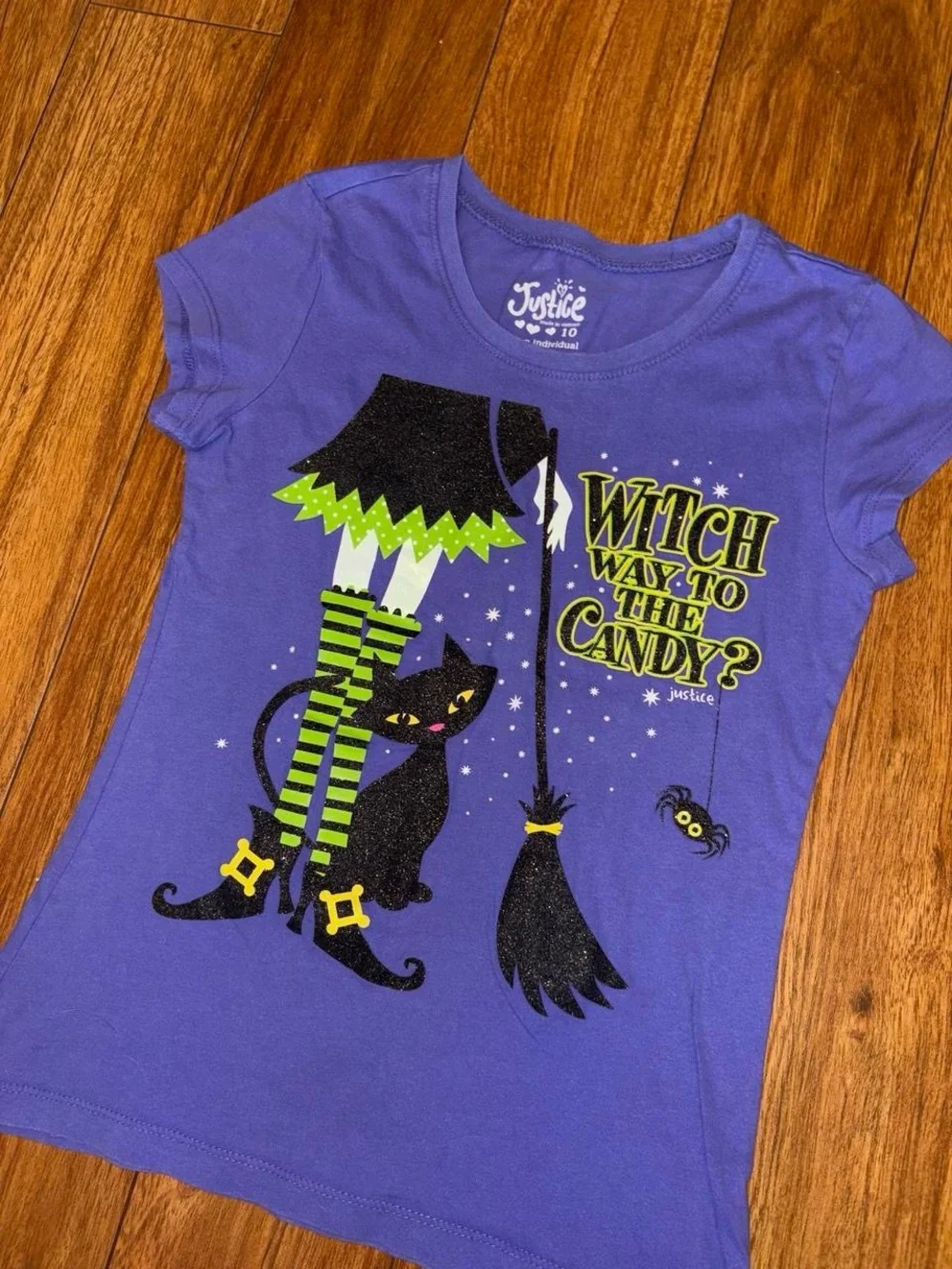 Y2K purple baby tee with cat and witch design